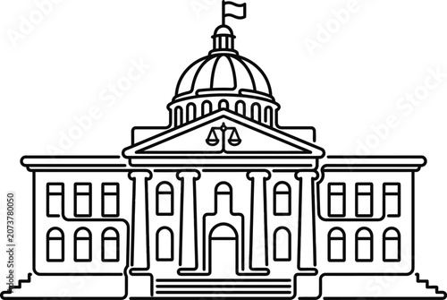 Minimalist outline icon of a courthouse building with a scales of justice symbol.