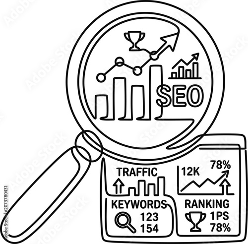 SEO optimization analysis and digital marketing strategy line art icon.