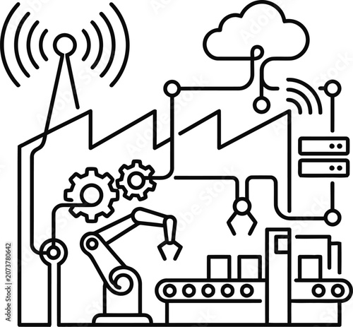 Smart Factory Automation Concept Line Art Illustration.