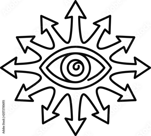 Symbol of an eye surrounded by radiating arrows.