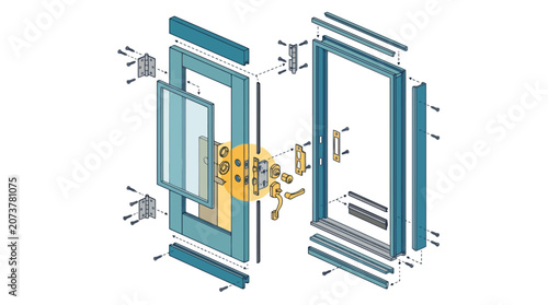 Exploded view diagram of a modern door assembly showing internal components and hardware. EPS Editable. Vector Illustrations.