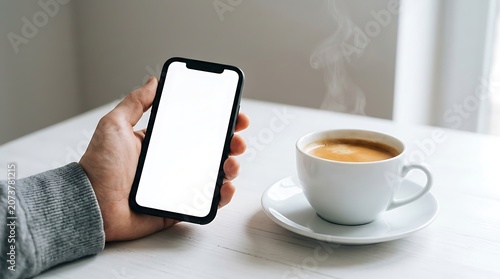 Hand holding a smartphone with a blank white screen next to a steaming cup of coffee on a white table