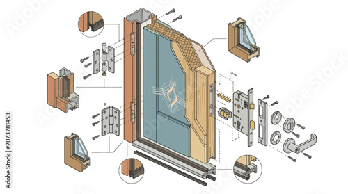Exploded view diagram of a wooden door assembly showing hardware and frame components. EPS Editable. Vector Illustrations.