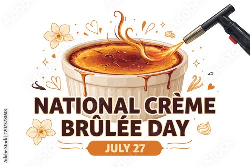 Fotografie National Creme Brulee Day Vector Illustration, Sweet French Dessert Food Holiday