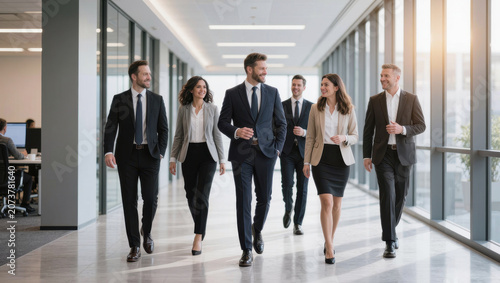Office team walking corridor, business people in modern office interior