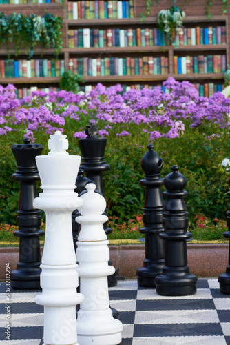 Large chess pieces on the city streets.  Black and white pieces.