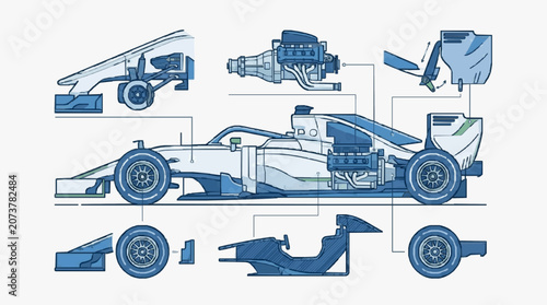 Photos Formula 1 race car disassembly technical illustration.