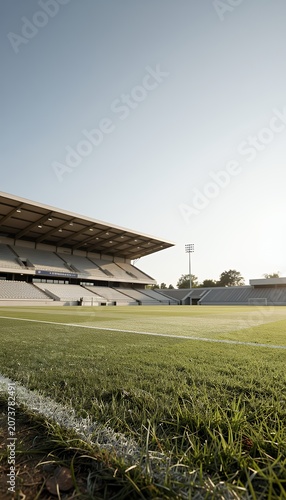 Realistic View of an Empty Soccer Arena Under Clear Sky
