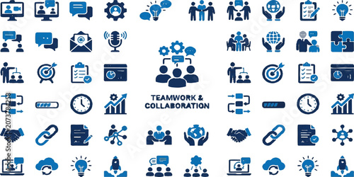 Teamwork and Collaboration Icons: A comprehensive collection of blue icons illustrating concepts of teamwork, collaboration, communication, business strategy, and success in a digital format.
