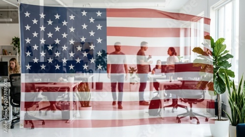 American flag overlay in modern office people working together