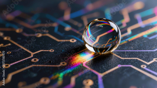 Glass sphere, circuit board, rainbow light, dark background, close up, abstract technology