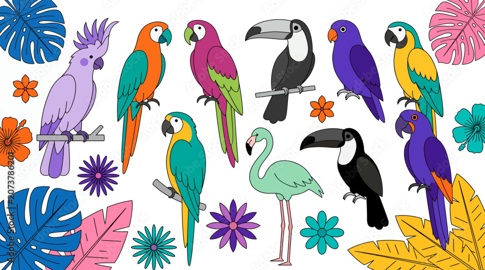 Naklejka premium Vibrant cartoon collection of tropical birds, including parrots, toucans and a flamingo, with exotic leaves and flowers, Symbolizing summer vacation themes and illustrating nature educational content