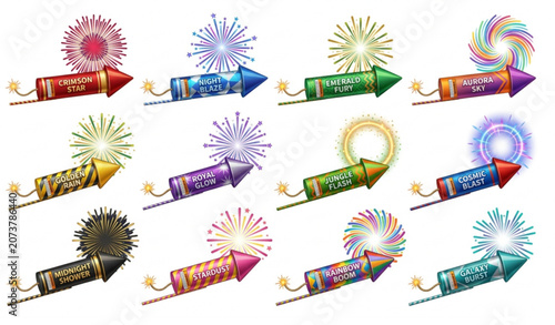 Obraz na płótnie Premium Firework Rocket Collection with Vibrant Explosive Light Effects Vector I