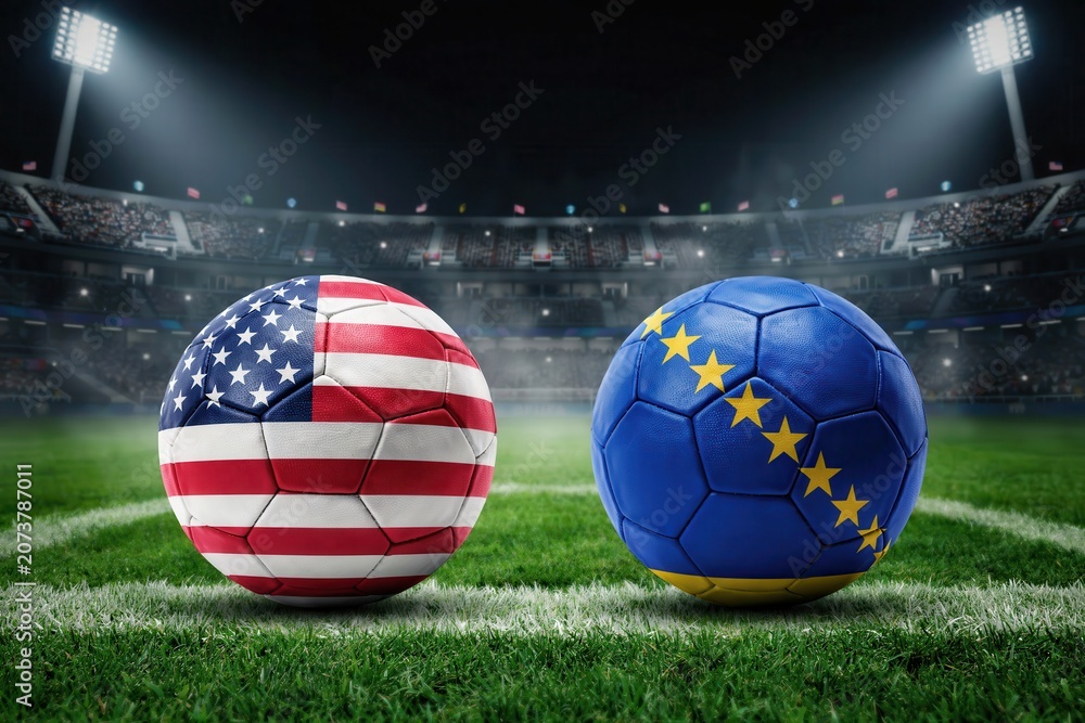 Naklejka premium USA and blue national flag themed soccer balls on a lit stadium pitch at night