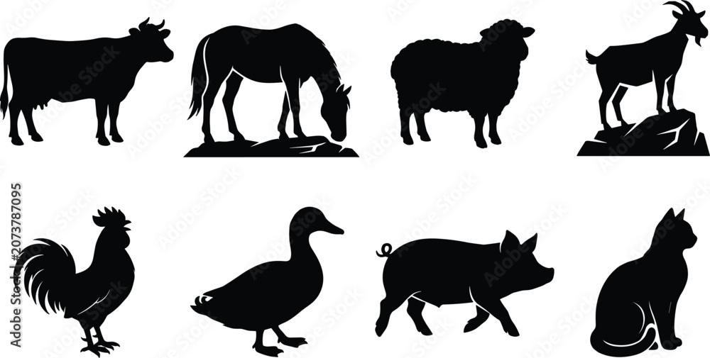 Fototapeta premium PrintBlack farm animal silhouette collection featuring cow, horse, sheep, goat, pig, rooster, duck, and cat designs