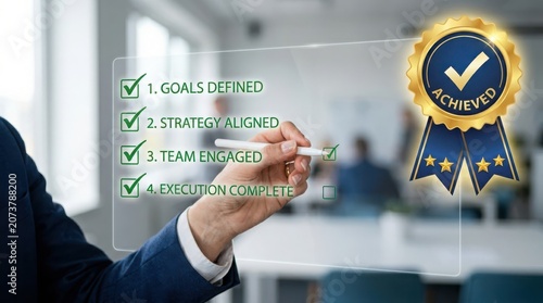 Businessman marking goals defined strategy aligned team engaged execution complete on transparent screen achieved badge