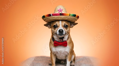 Dog Wearing Festive Sombrero and Bandana Sitting on Soft Surface