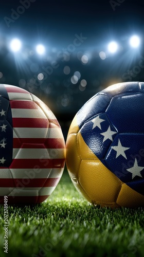 USA and Bosnia and Herzegovina Soccer Balls on Stadium Field for International Match