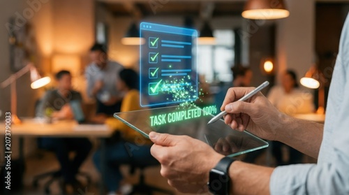 Businessman tablet task completed interface in office setting coworkers