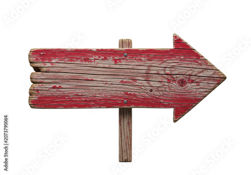detailed photorealistic close-up of a textured, rustic red wooden arrow sign with peeling paint, pointing right on a transparent studio background with copy space. concept of clear direction
