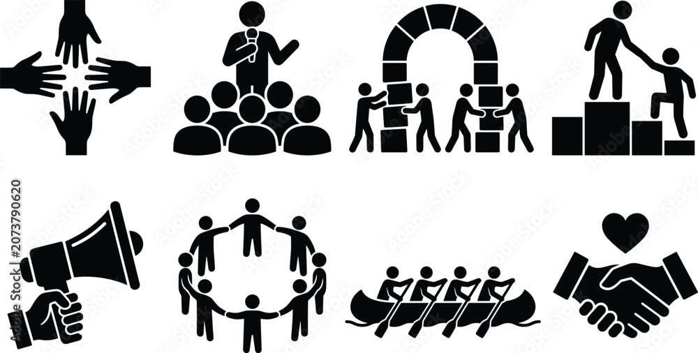 Naklejka premium Teamwork Community Cooperation and Business Leadership Vector Icon Set for Corporate Partnership and Team Building