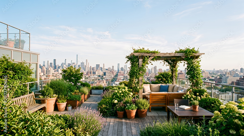 Fototapeta premium Rooftop garden terrace with pergola overlooking city skyline