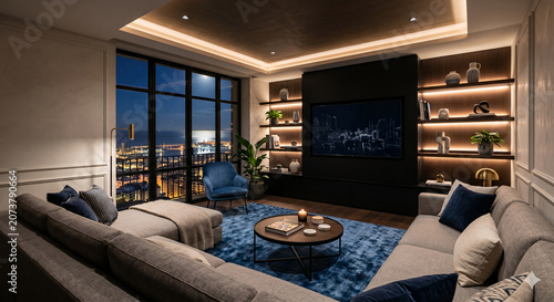 Luxury penthouse living room at night with city skyline view