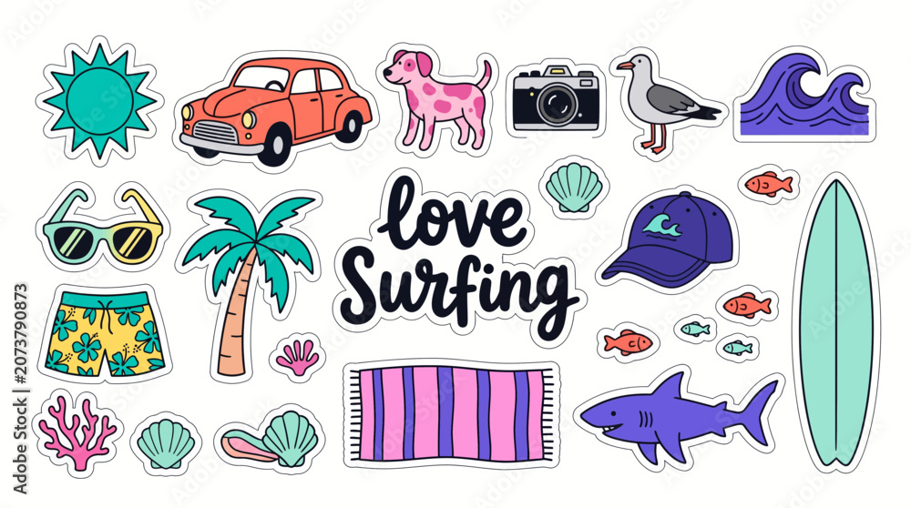 Fototapeta premium A vibrant collection of cartoon stickers featuring surfing, beach and travel elements, illustrating summer vacation memories or creative digital design projects
