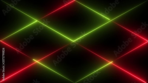 Three horizontal glowing neon light lines are arranged vertically against a solid black background with the and bottom lines in bright blue and the middle line in vibrant red 4k video