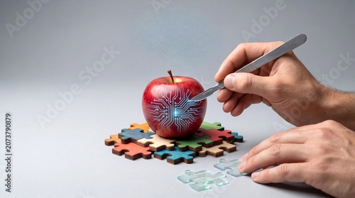 Close up of surgeon hand holding scalpel cutting a red apple with digital circuit board