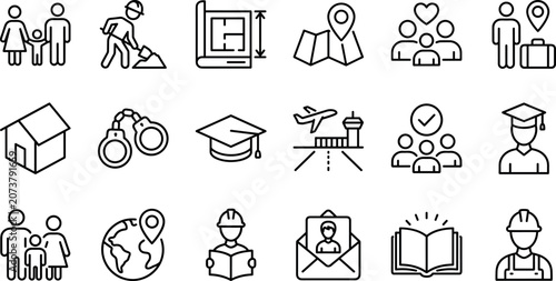 Foto Global immigration legal visa and relocation line icon set vector illustration f