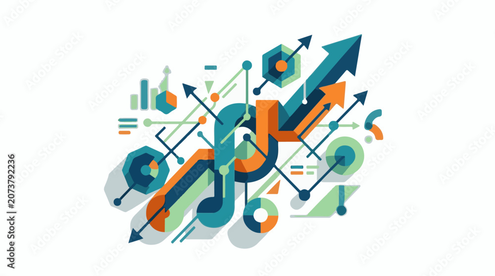 Fototapeta premium Abstract graphic with upward trending arrows and geometric shapes