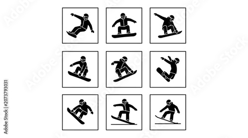 Snowboarder in various motion poses.