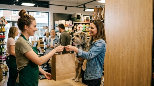 Woman with dog at checkout in pet store