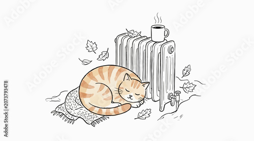 Konstfotografi A cat sleeps curled up beside a warm radiator with a cup of coffee on top surrounded by falling leaves on a blanket