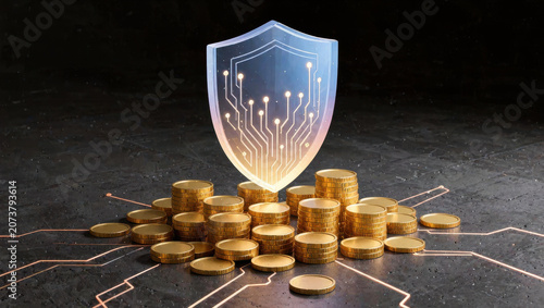 Cyber security shield over coin stack