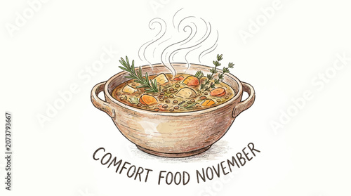 Fotografia A steaming bowl of hearty stew with herbs sits on a table in November