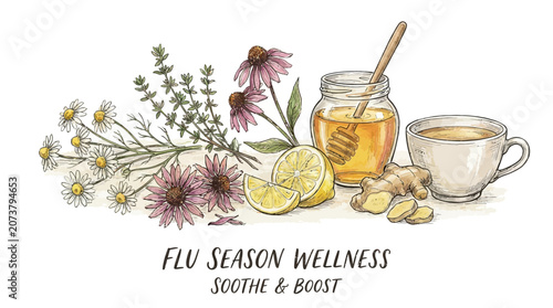 Photography A soothing scene of herbal tea honey lemon and ginger for flu season wellness