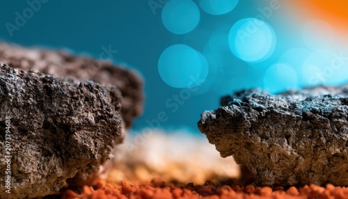 Close up of rough textured rocks with vibrant blue and orange bokeh lights background, macro nature detail