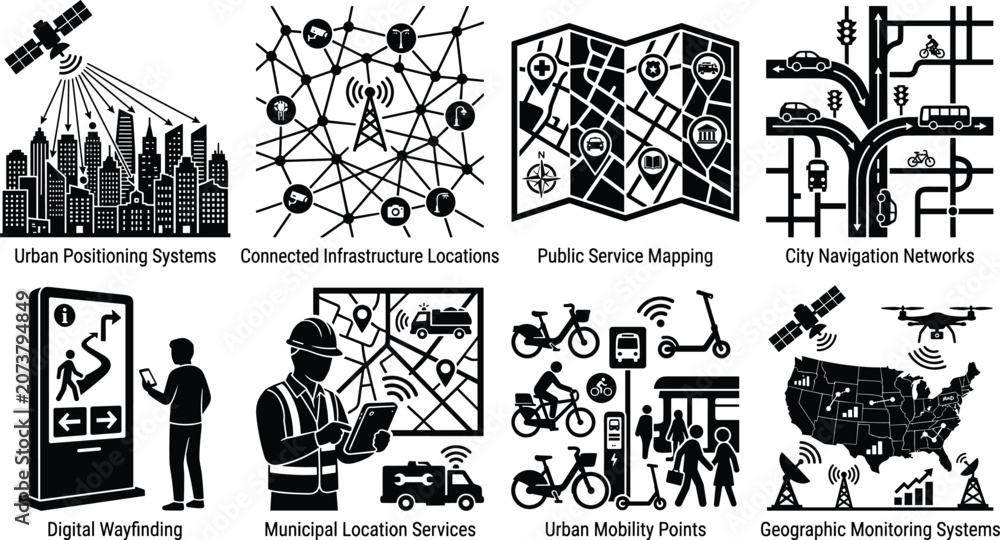 Obraz premium Smart city technology icons illustrating GPS positioning, connected infrastructure, public service mapping, and geographic monitoring systems