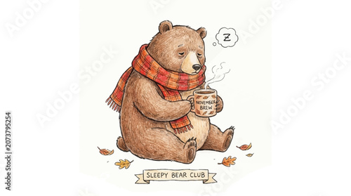 Obraz na płótnie A cute bear wearing a scarf sits holding a hot beverage surrounded by autumn lea