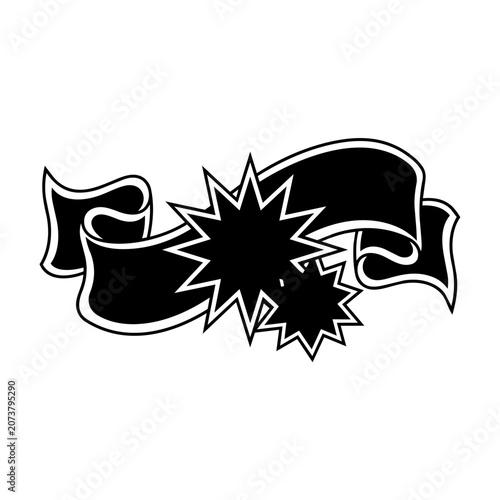 Retro Ribbon Banner with Starburst Explosion Shapes, Black and White Graphic