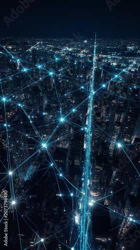Aerial view of glowing city network at night with pulsating blue connections, symbolizing digital connectivity, urban data flow, and futuristic smart cities