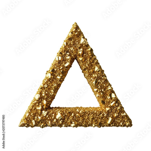 isolated geometric triangle frame outline, composed of rough, highly reflective metallic gold glitter particles, rendered in extreme macro close-up. concept of dazzling material luxury