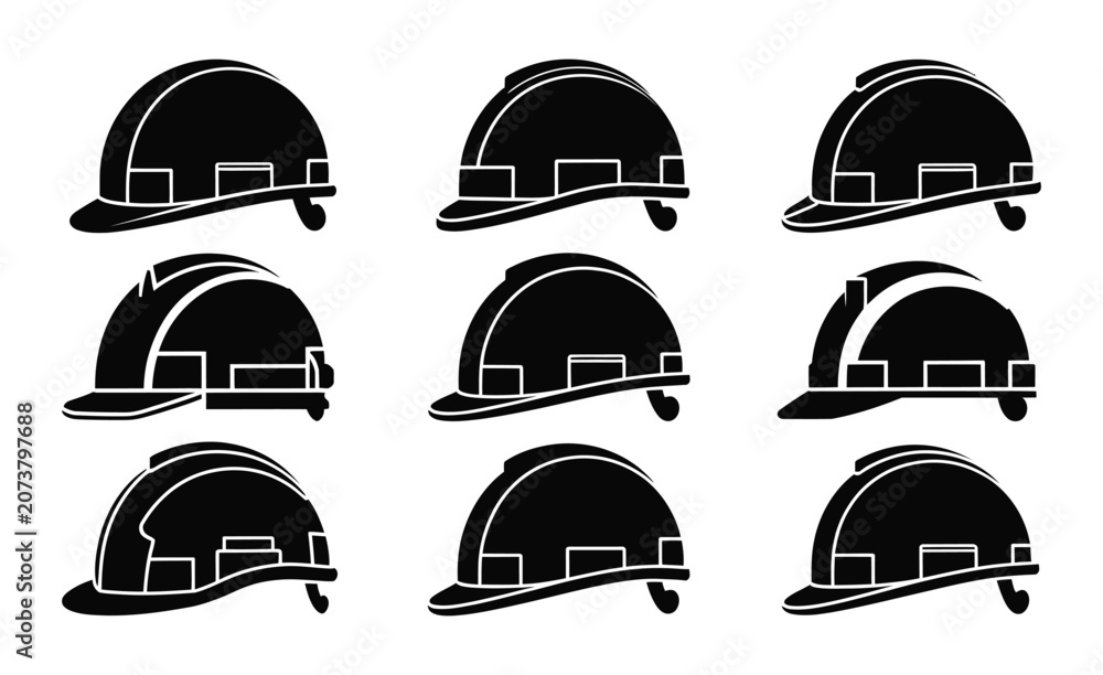 Fototapeta premium Black Hard Hat Safety Helmet Construction Work Job Icon Set