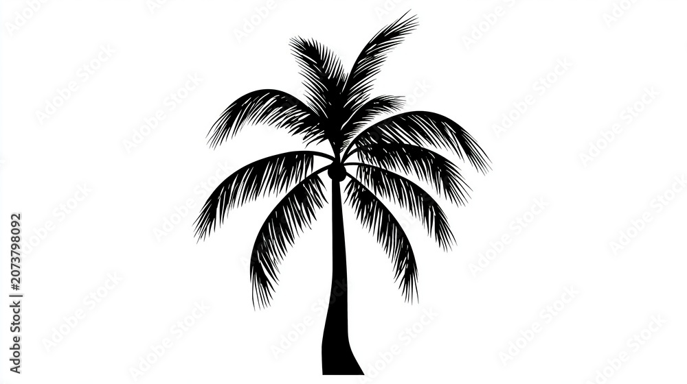 Fototapeta premium Detailed black silhouette of a tropical palm tree featuring sharp fronds and organic textures isolated on white background