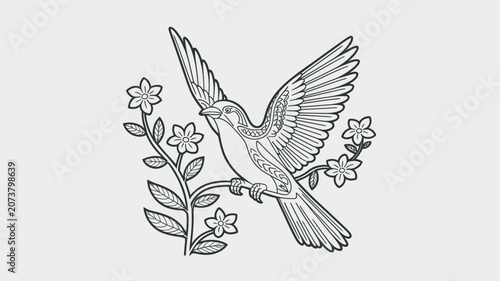 Bird perched on a flowering branch displays intricate line art details in a classic botanical style.