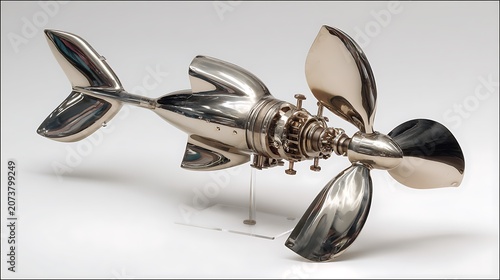 Mechanical ship propeller model, polished metal on white