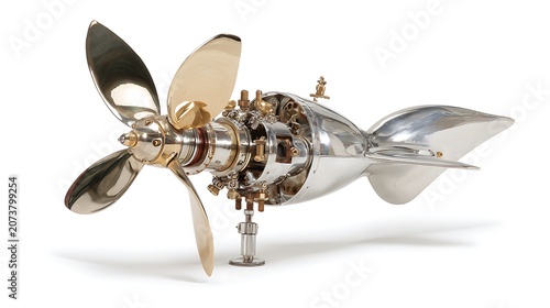 Mechanical ship propeller model, polished metal on white