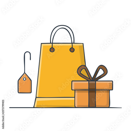 Flat design shopping bag with chair and coffee cup